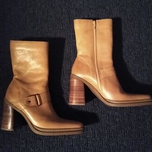 Mia women  mid calf  leather heel  boot ankle strap buckle tan Preowned size 8
